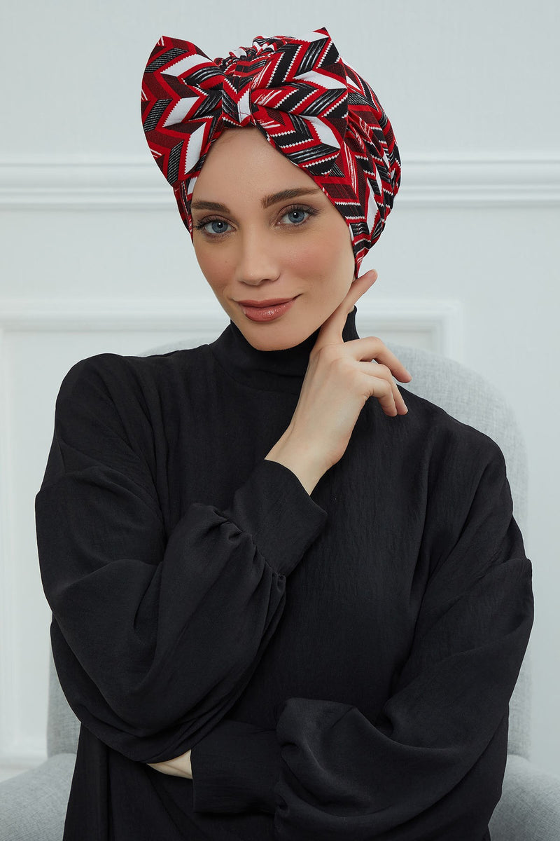 Combed Cotton Patterned Turban Bonnet with a Big Bow, Elegant and Comfortable Pre-Tied Instant Turban Hair Cover for Women,B-11YD