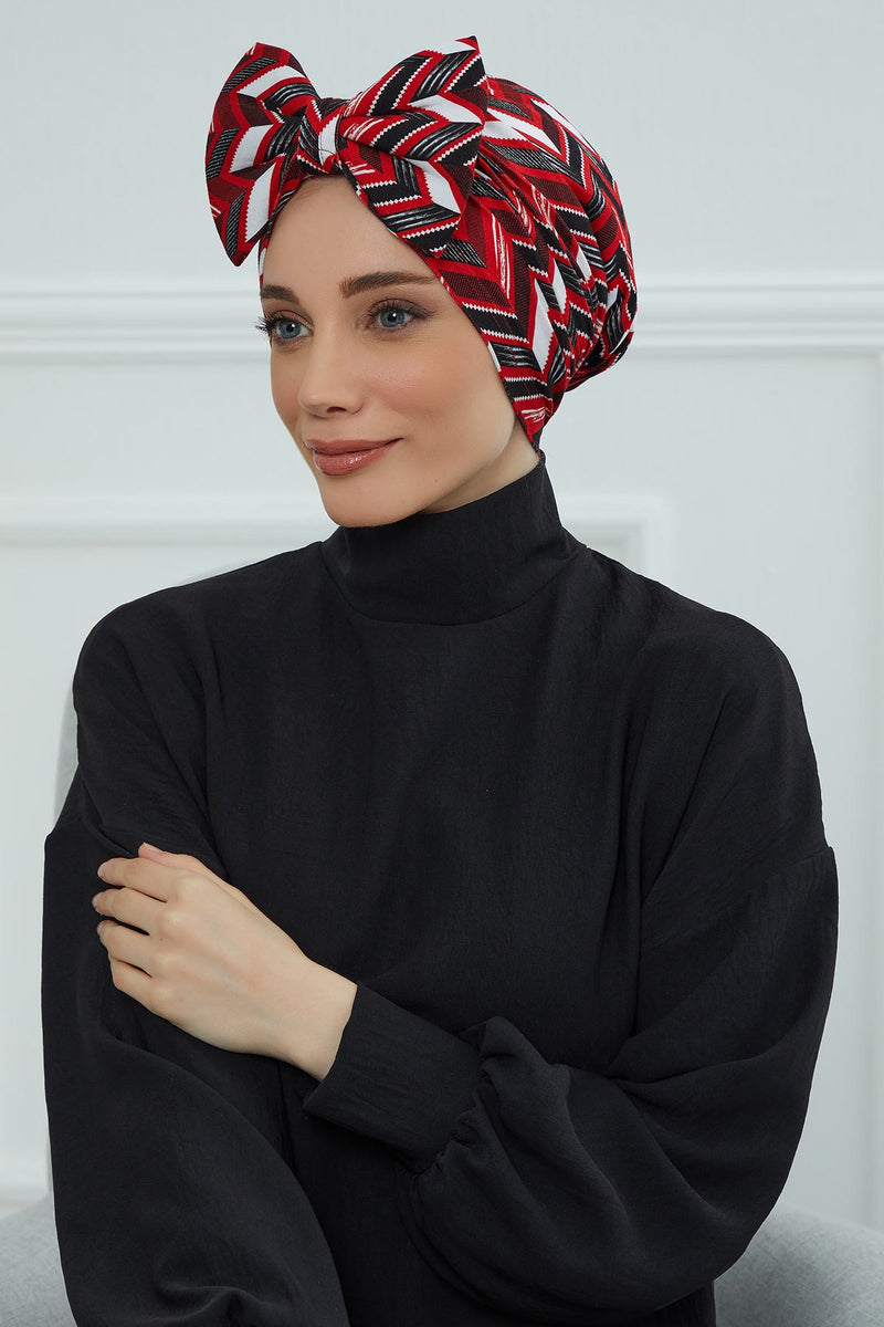 Combed Cotton Patterned Turban Bonnet with a Big Bow, Elegant and Comfortable Pre-Tied Instant Turban Hair Cover for Women,B-11YD
