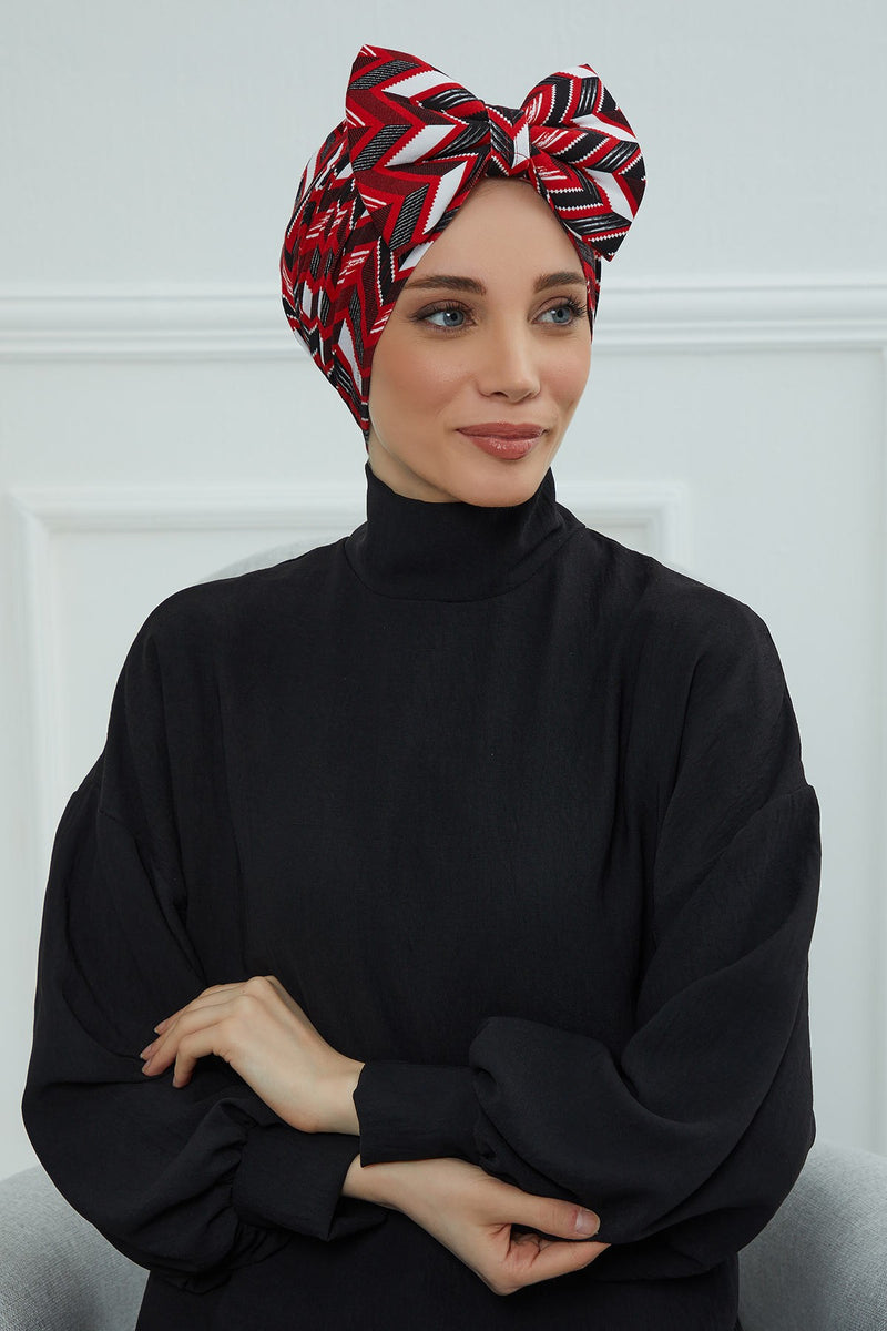 Combed Cotton Patterned Turban Bonnet with a Big Bow, Elegant and Comfortable Pre-Tied Instant Turban Hair Cover for Women,B-11YD