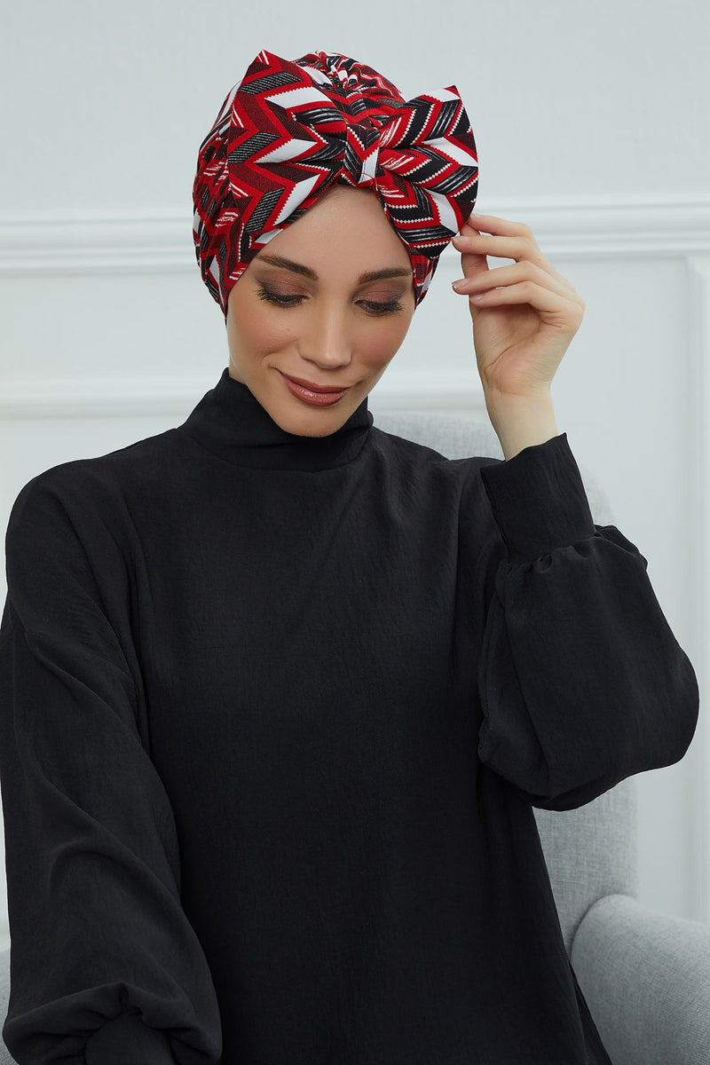 Combed Cotton Patterned Turban Bonnet with a Big Bow, Elegant and Comfortable Pre-Tied Instant Turban Hair Cover for Women,B-11YD