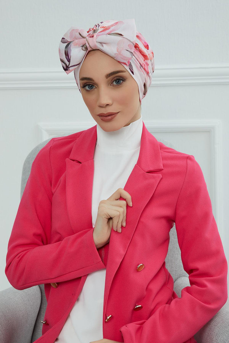 Combed Cotton Patterned Turban Bonnet with a Big Bow, Elegant and Comfortable Pre-Tied Instant Turban Hair Cover for Women,B-11YD