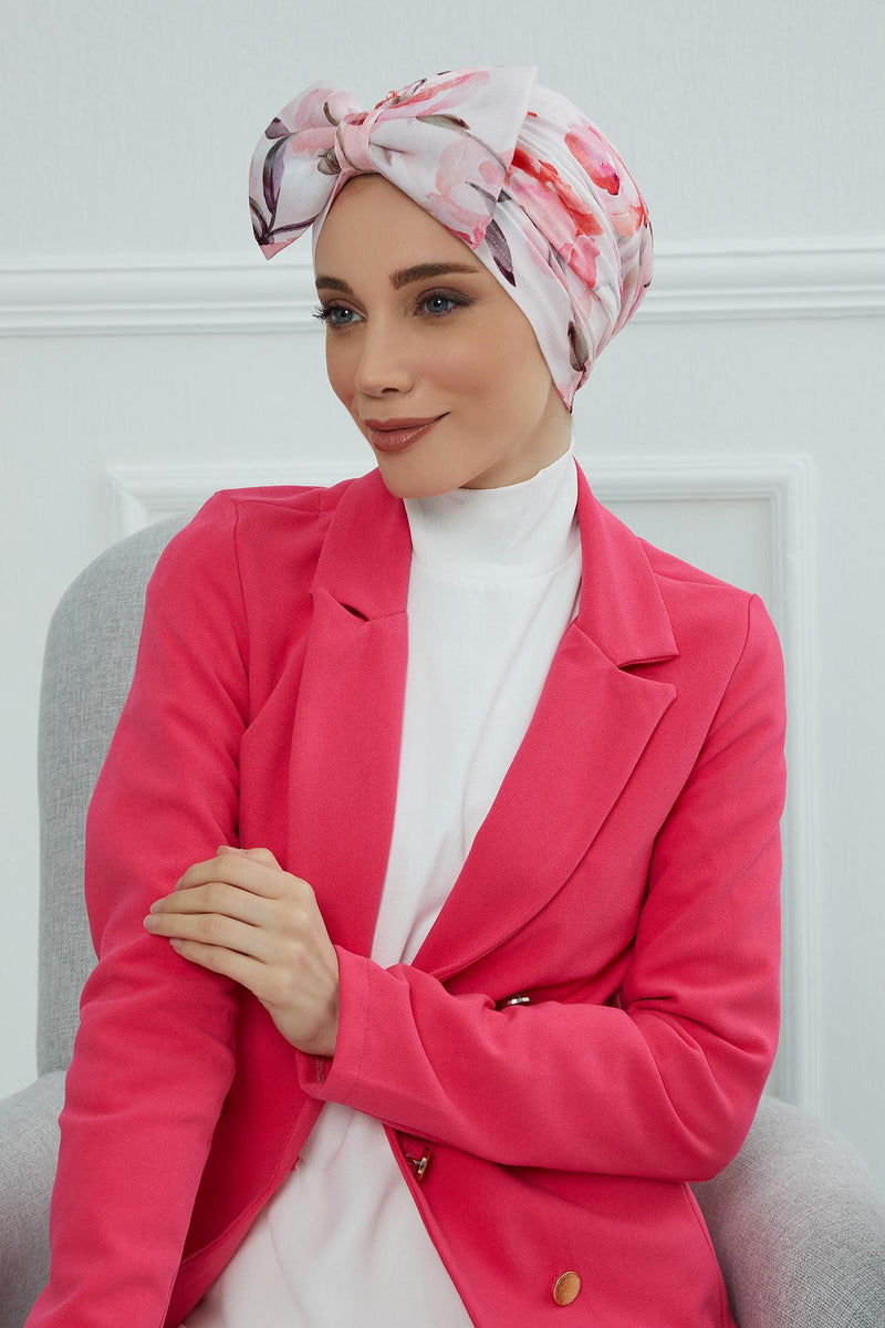 Combed Cotton Patterned Turban Bonnet with a Big Bow, Elegant and Comfortable Pre-Tied Instant Turban Hair Cover for Women,B-11YD