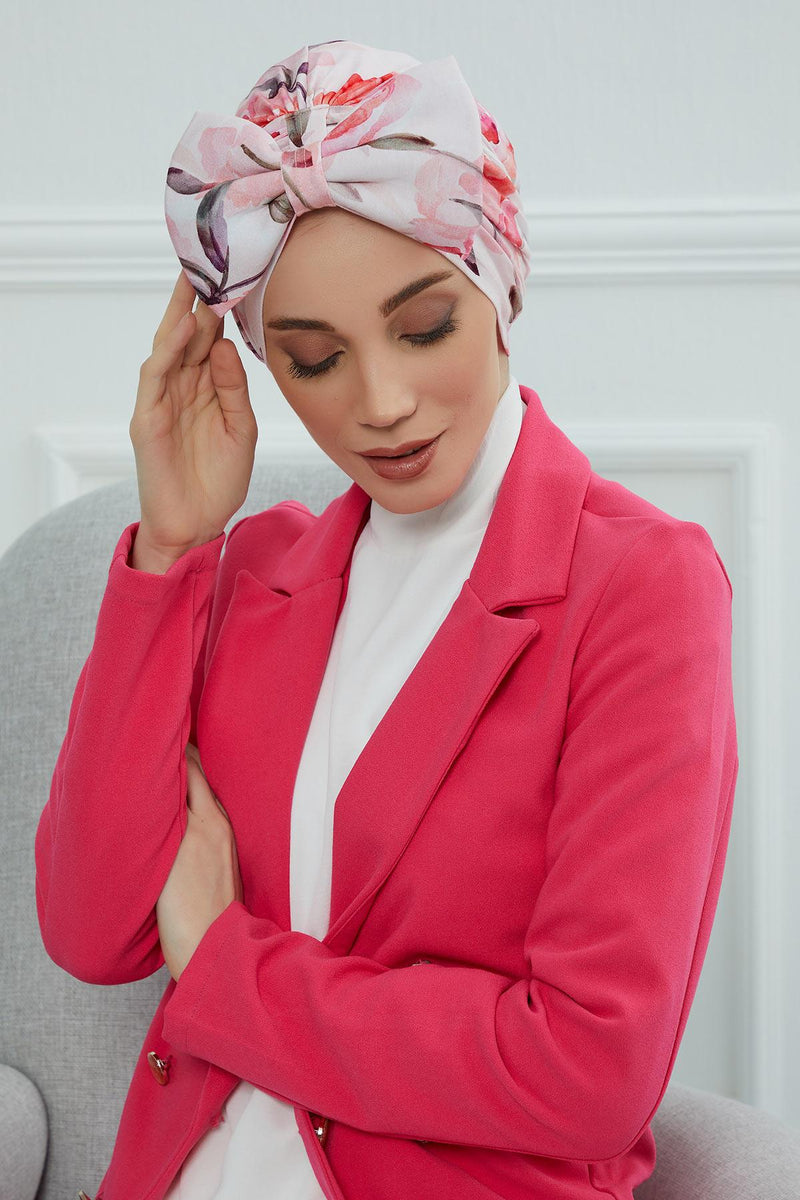 Combed Cotton Patterned Turban Bonnet with a Big Bow, Elegant and Comfortable Pre-Tied Instant Turban Hair Cover for Women,B-11YD