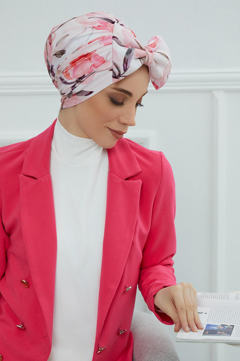 Combed Cotton Patterned Turban Bonnet with a Big Bow, Elegant and Comfortable Pre-Tied Instant Turban Hair Cover for Women,B-11YD