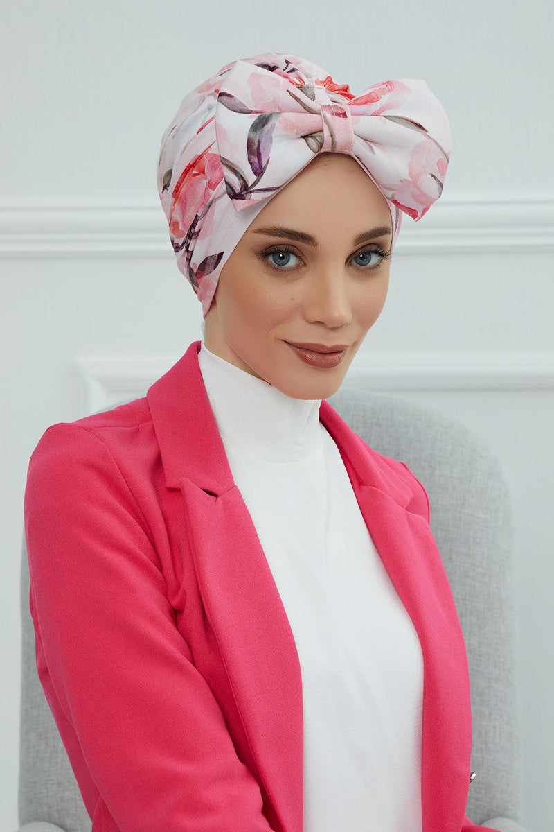 Combed Cotton Patterned Turban Bonnet with a Big Bow, Elegant and Comfortable Pre-Tied Instant Turban Hair Cover for Women,B-11YD