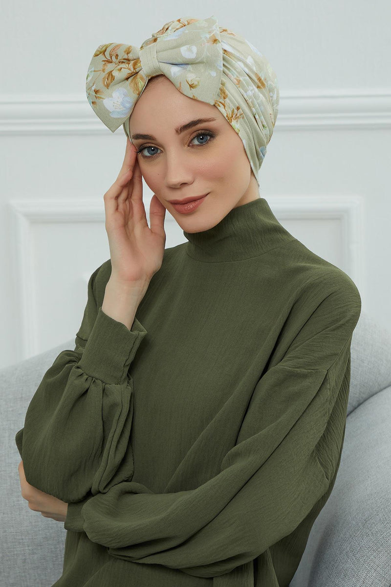Combed Cotton Patterned Turban Bonnet with a Big Bow, Elegant and Comfortable Pre-Tied Instant Turban Hair Cover for Women,B-11YD