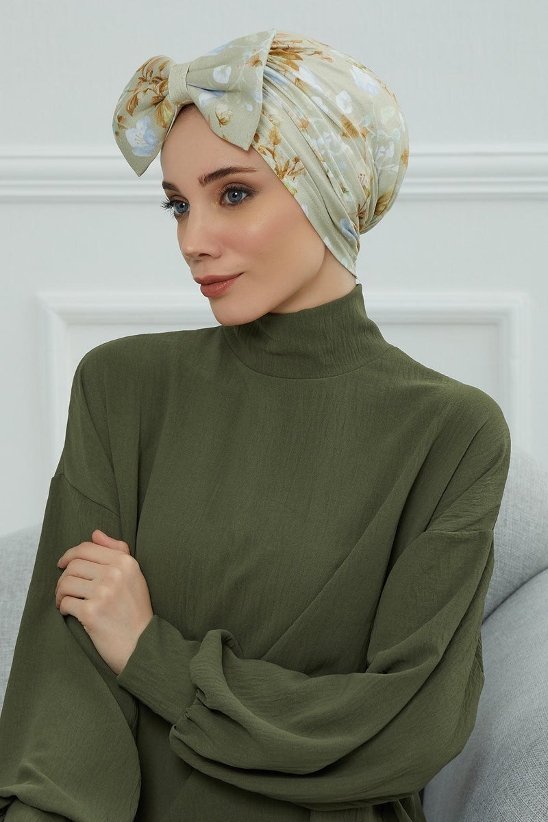 Combed Cotton Patterned Turban Bonnet with a Big Bow, Elegant and Comfortable Pre-Tied Instant Turban Hair Cover for Women,B-11YD