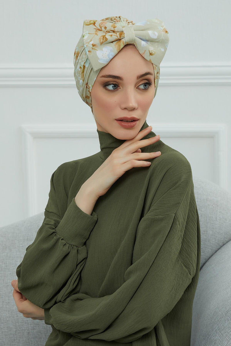Combed Cotton Patterned Turban Bonnet with a Big Bow, Elegant and Comfortable Pre-Tied Instant Turban Hair Cover for Women,B-11YD