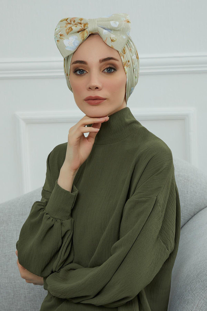 Combed Cotton Patterned Turban Bonnet with a Big Bow, Elegant and Comfortable Pre-Tied Instant Turban Hair Cover for Women,B-11YD