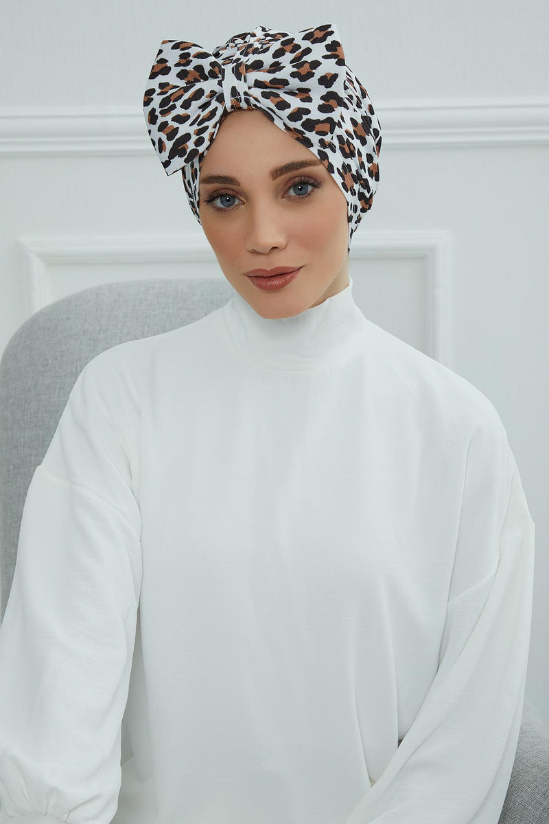 Combed Cotton Patterned Turban Bonnet with a Big Bow, Elegant and Comfortable Pre-Tied Instant Turban Hair Cover for Women,B-11YD