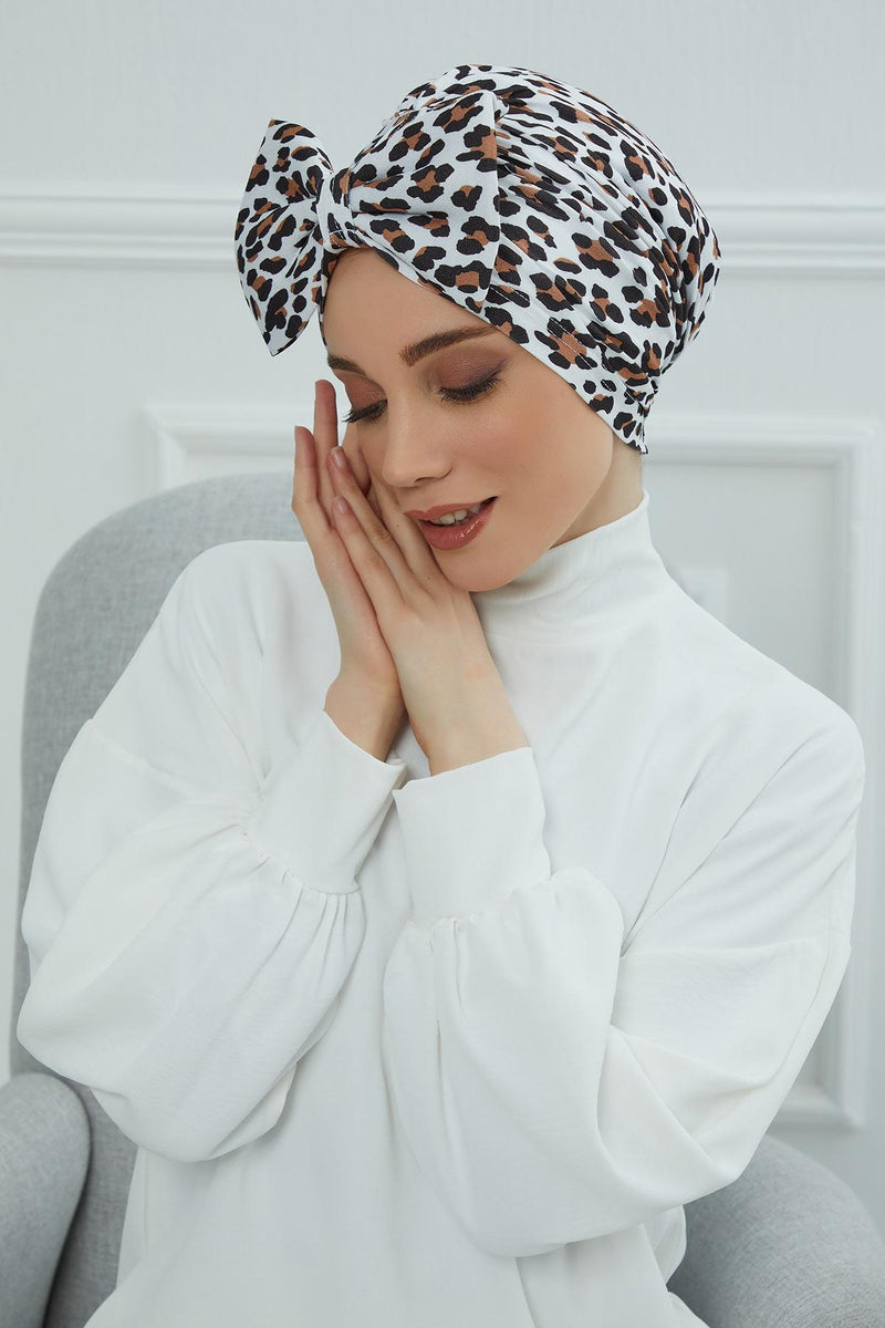 Combed Cotton Patterned Turban Bonnet with a Big Bow, Elegant and Comfortable Pre-Tied Instant Turban Hair Cover for Women,B-11YD