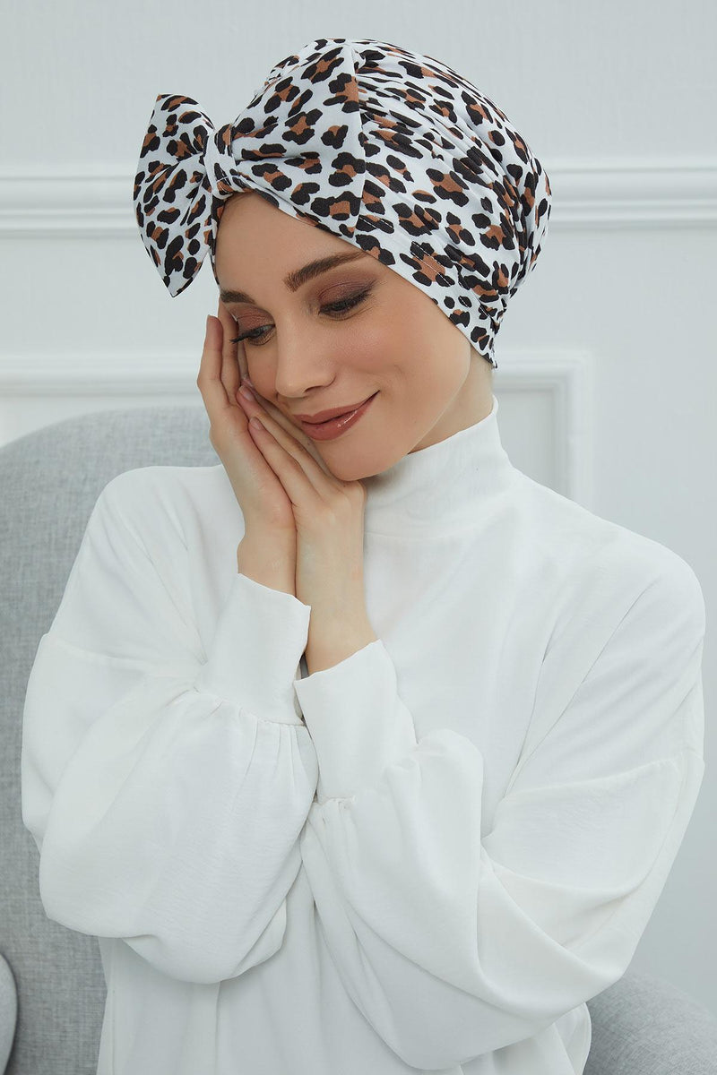Combed Cotton Patterned Turban Bonnet with a Big Bow, Elegant and Comfortable Pre-Tied Instant Turban Hair Cover for Women,B-11YD
