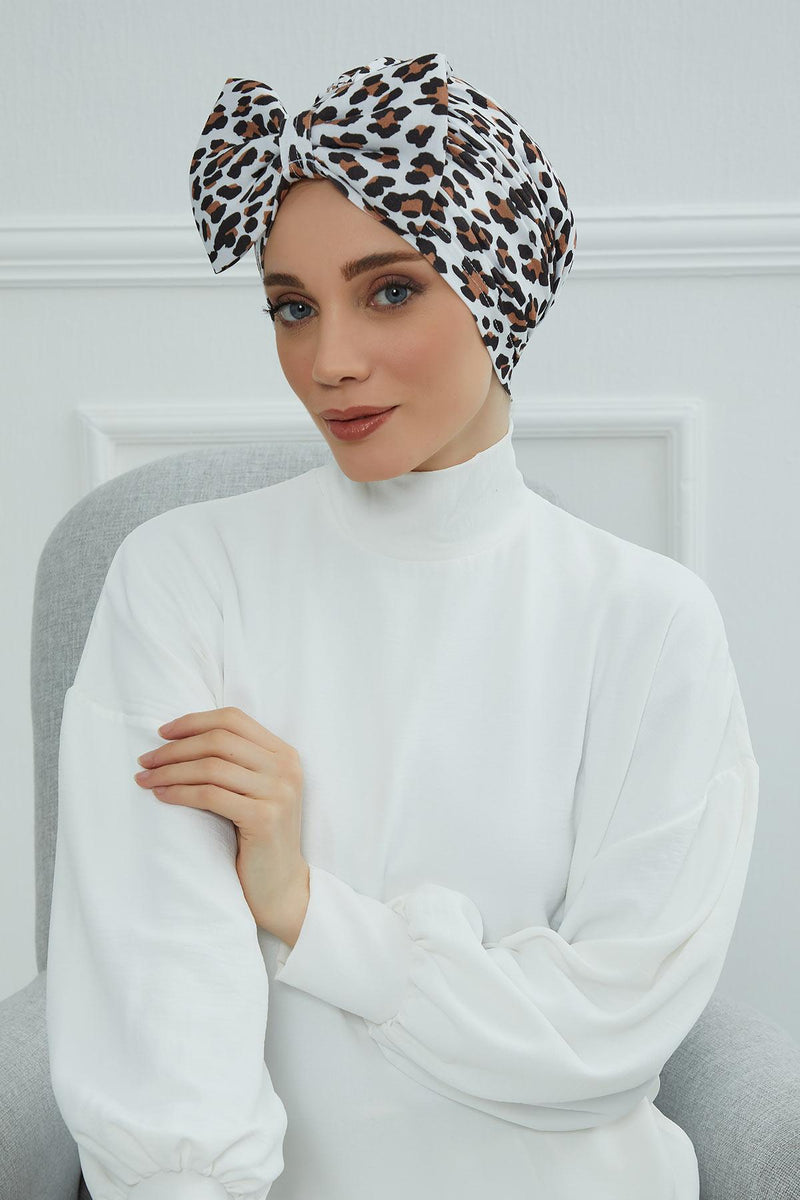 Combed Cotton Patterned Turban Bonnet with a Big Bow, Elegant and Comfortable Pre-Tied Instant Turban Hair Cover for Women,B-11YD