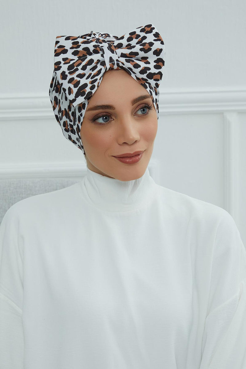 Combed Cotton Patterned Turban Bonnet with a Big Bow, Elegant and Comfortable Pre-Tied Instant Turban Hair Cover for Women,B-11YD