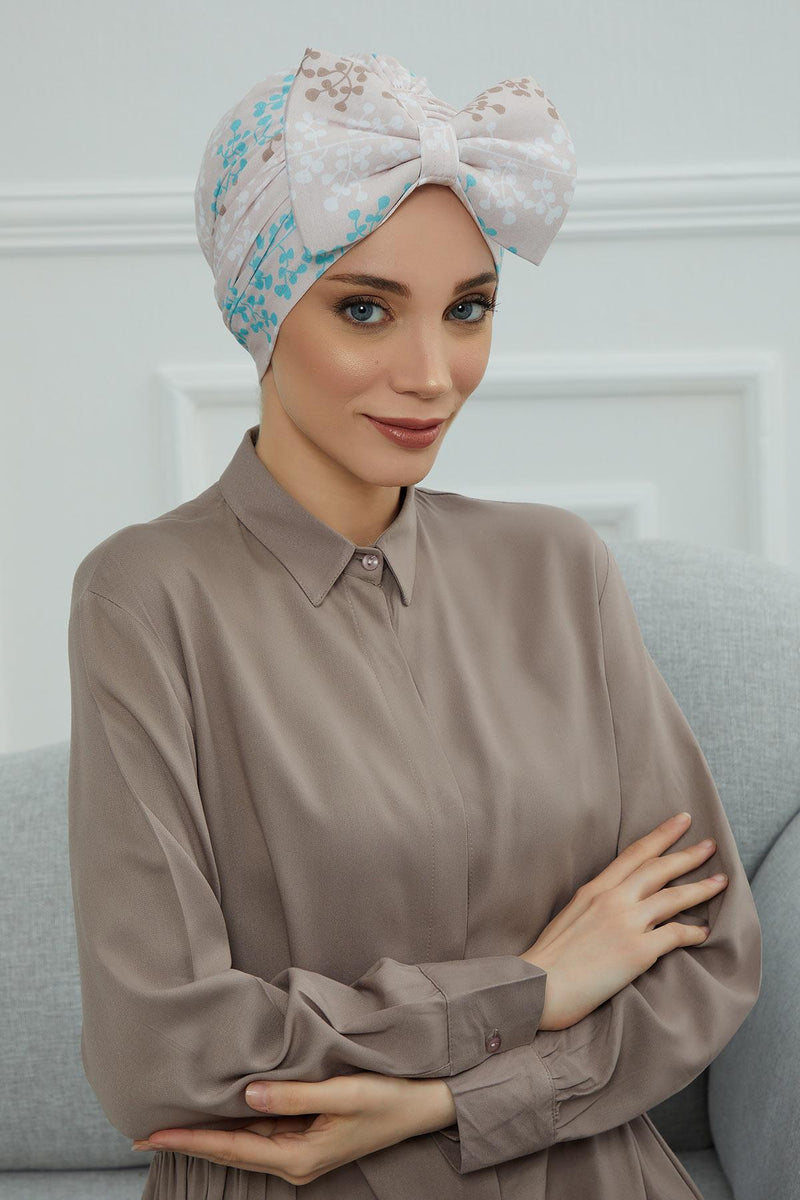 Combed Cotton Patterned Turban Bonnet with a Big Bow, Elegant and Comfortable Pre-Tied Instant Turban Hair Cover for Women,B-11YD