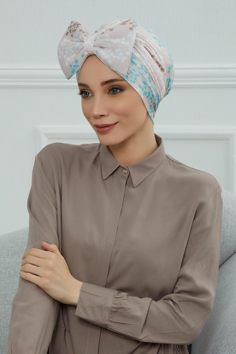 Combed Cotton Patterned Turban Bonnet with a Big Bow, Elegant and Comfortable Pre-Tied Instant Turban Hair Cover for Women,B-11YD