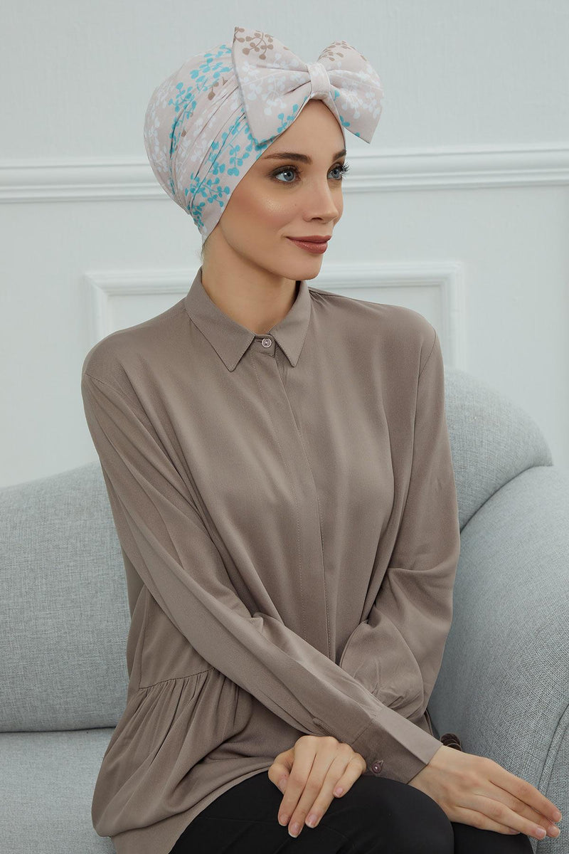 Combed Cotton Patterned Turban Bonnet with a Big Bow, Elegant and Comfortable Pre-Tied Instant Turban Hair Cover for Women,B-11YD