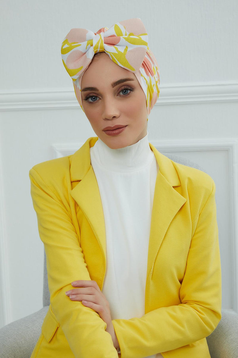 Combed Cotton Patterned Turban Bonnet with a Big Bow, Elegant and Comfortable Pre-Tied Instant Turban Hair Cover for Women,B-11YD