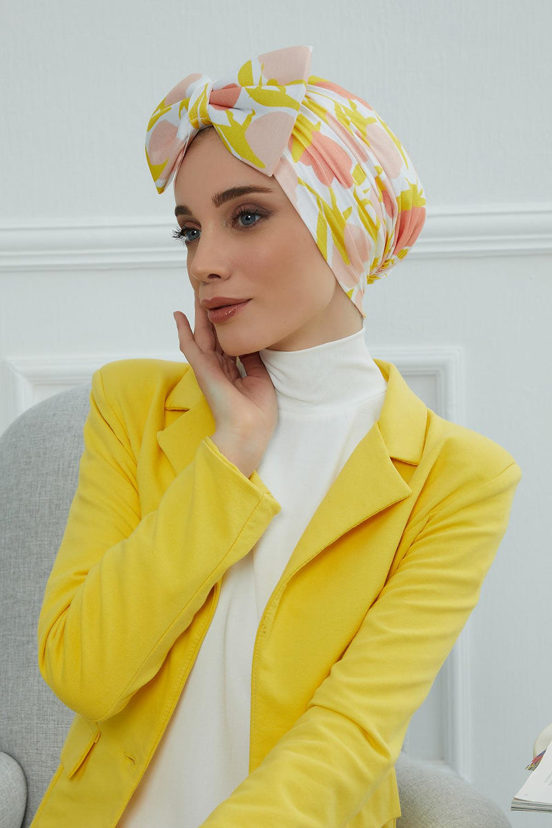 Combed Cotton Patterned Turban Bonnet with a Big Bow, Elegant and Comfortable Pre-Tied Instant Turban Hair Cover for Women,B-11YD