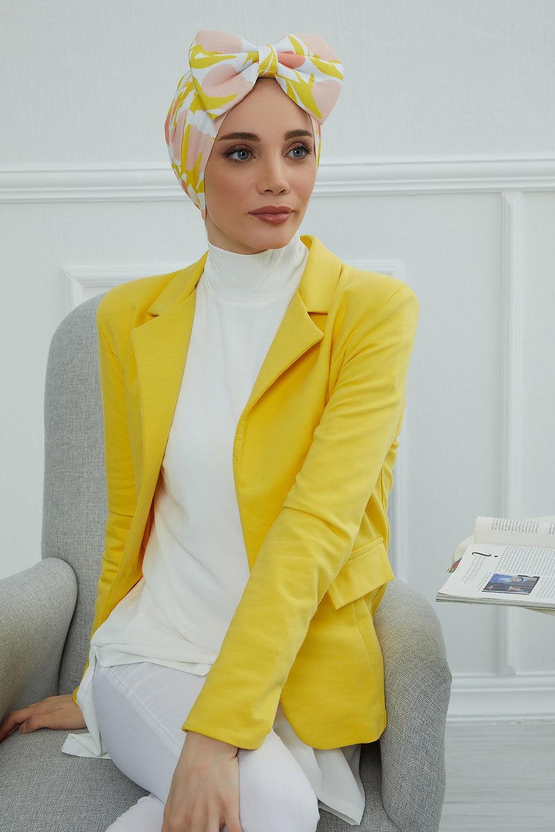 Combed Cotton Patterned Turban Bonnet with a Big Bow, Elegant and Comfortable Pre-Tied Instant Turban Hair Cover for Women,B-11YD