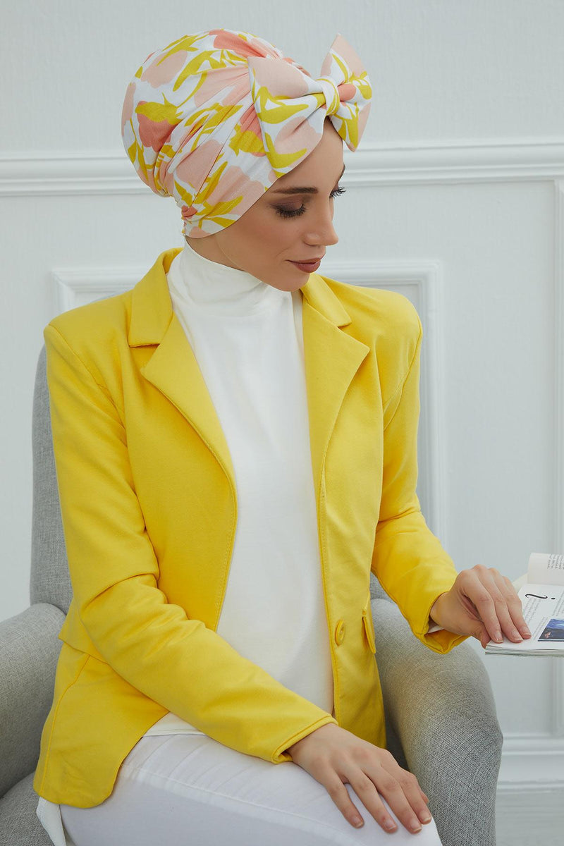Combed Cotton Patterned Turban Bonnet with a Big Bow, Elegant and Comfortable Pre-Tied Instant Turban Hair Cover for Women,B-11YD