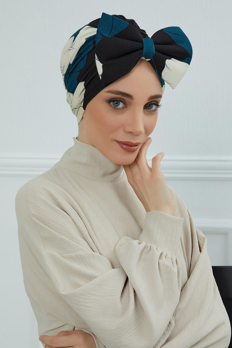 Combed Cotton Patterned Turban Bonnet with a Big Bow, Elegant and Comfortable Pre-Tied Instant Turban Hair Cover for Women,B-11YD