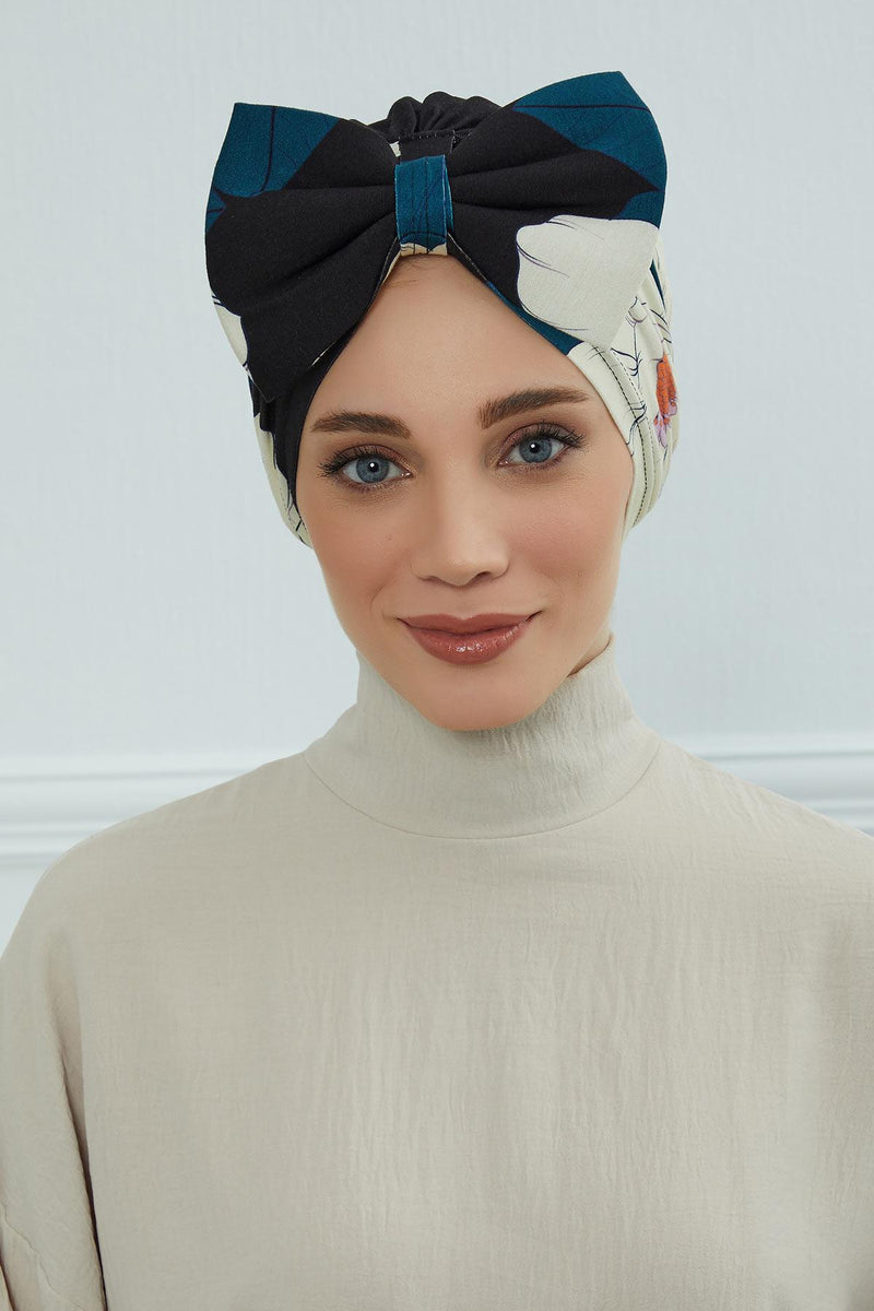 Combed Cotton Patterned Turban Bonnet with a Big Bow, Elegant and Comfortable Pre-Tied Instant Turban Hair Cover for Women,B-11YD