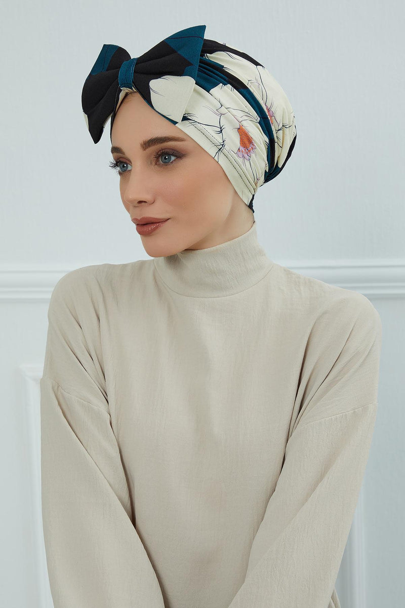 Combed Cotton Patterned Turban Bonnet with a Big Bow, Elegant and Comfortable Pre-Tied Instant Turban Hair Cover for Women,B-11YD