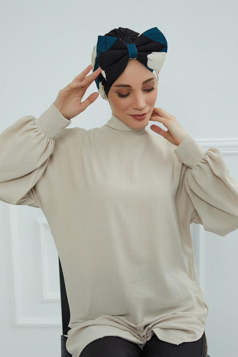 Combed Cotton Patterned Turban Bonnet with a Big Bow, Elegant and Comfortable Pre-Tied Instant Turban Hair Cover for Women,B-11YD