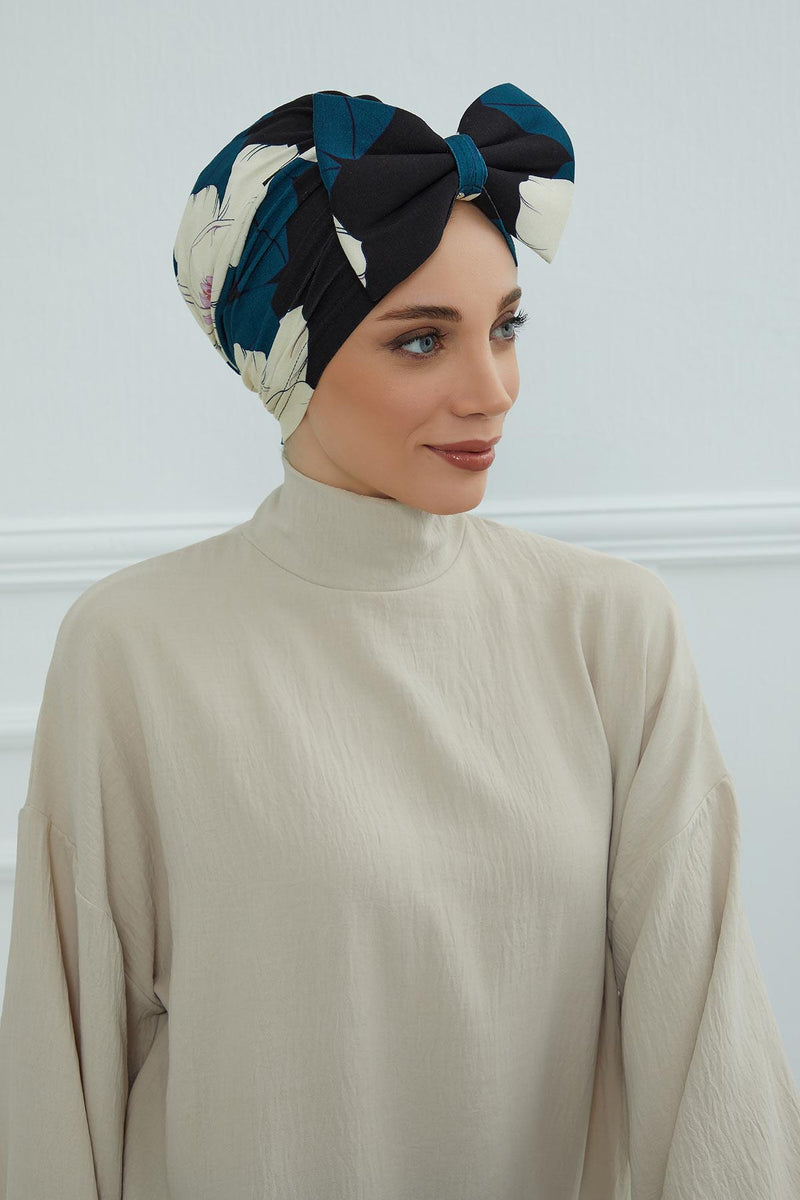 Combed Cotton Patterned Turban Bonnet with a Big Bow, Elegant and Comfortable Pre-Tied Instant Turban Hair Cover for Women,B-11YD