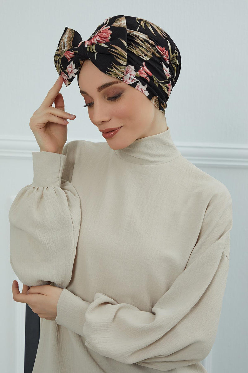 Combed Cotton Patterned Turban Bonnet with a Big Bow, Elegant and Comfortable Pre-Tied Instant Turban Hair Cover for Women,B-11YD