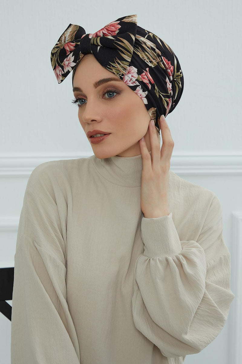 Combed Cotton Patterned Turban Bonnet with a Big Bow, Elegant and Comfortable Pre-Tied Instant Turban Hair Cover for Women,B-11YD