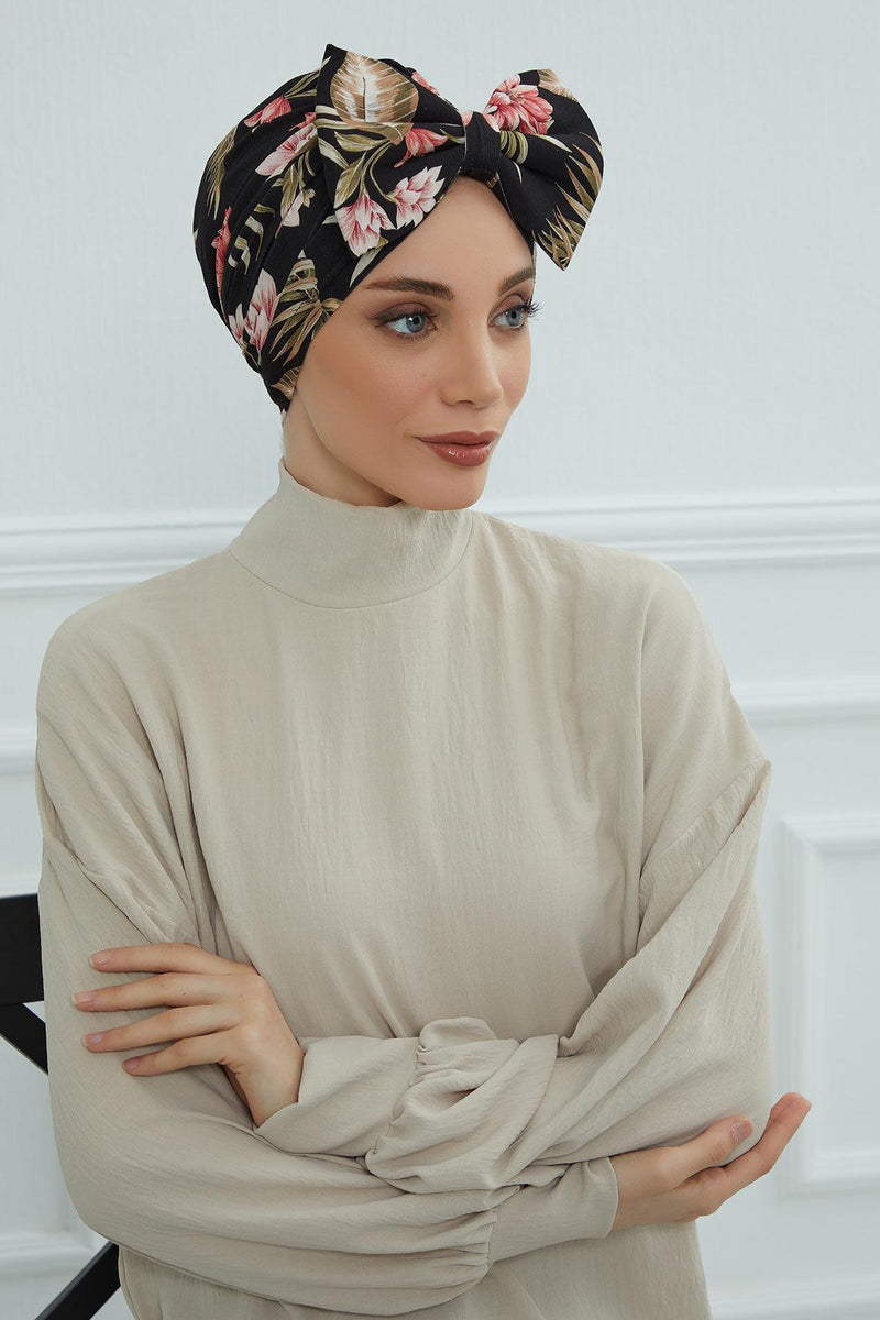 Combed Cotton Patterned Turban Bonnet with a Big Bow, Elegant and Comfortable Pre-Tied Instant Turban Hair Cover for Women,B-11YD