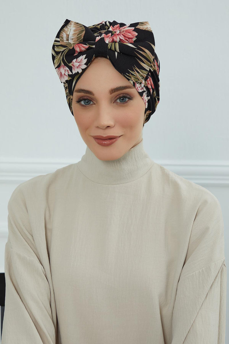 Combed Cotton Patterned Turban Bonnet with a Big Bow, Elegant and Comfortable Pre-Tied Instant Turban Hair Cover for Women,B-11YD