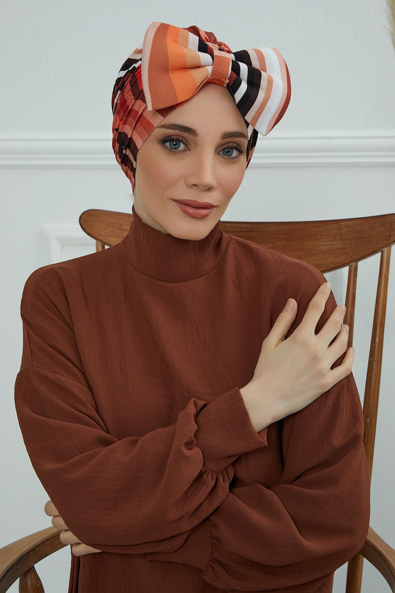 Combed Cotton Patterned Turban Bonnet with a Big Bow, Elegant and Comfortable Pre-Tied Instant Turban Hair Cover for Women,B-11YD