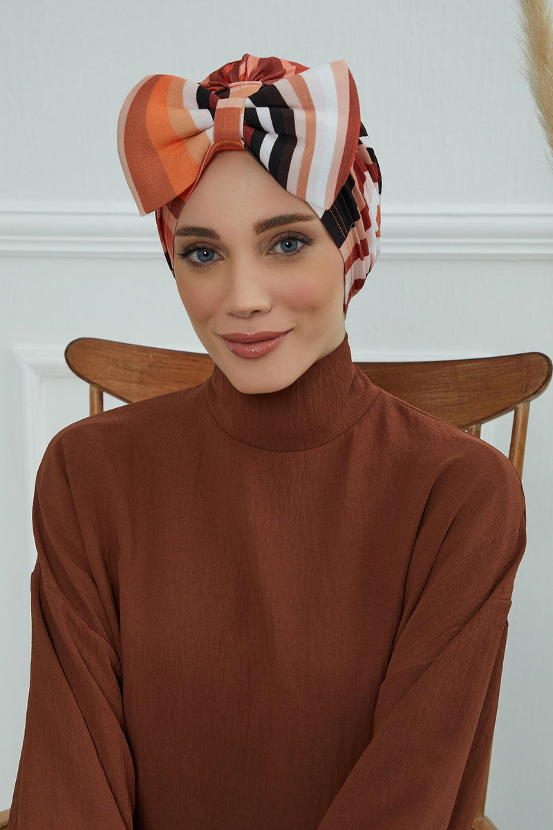 Combed Cotton Patterned Turban Bonnet with a Big Bow, Elegant and Comfortable Pre-Tied Instant Turban Hair Cover for Women,B-11YD