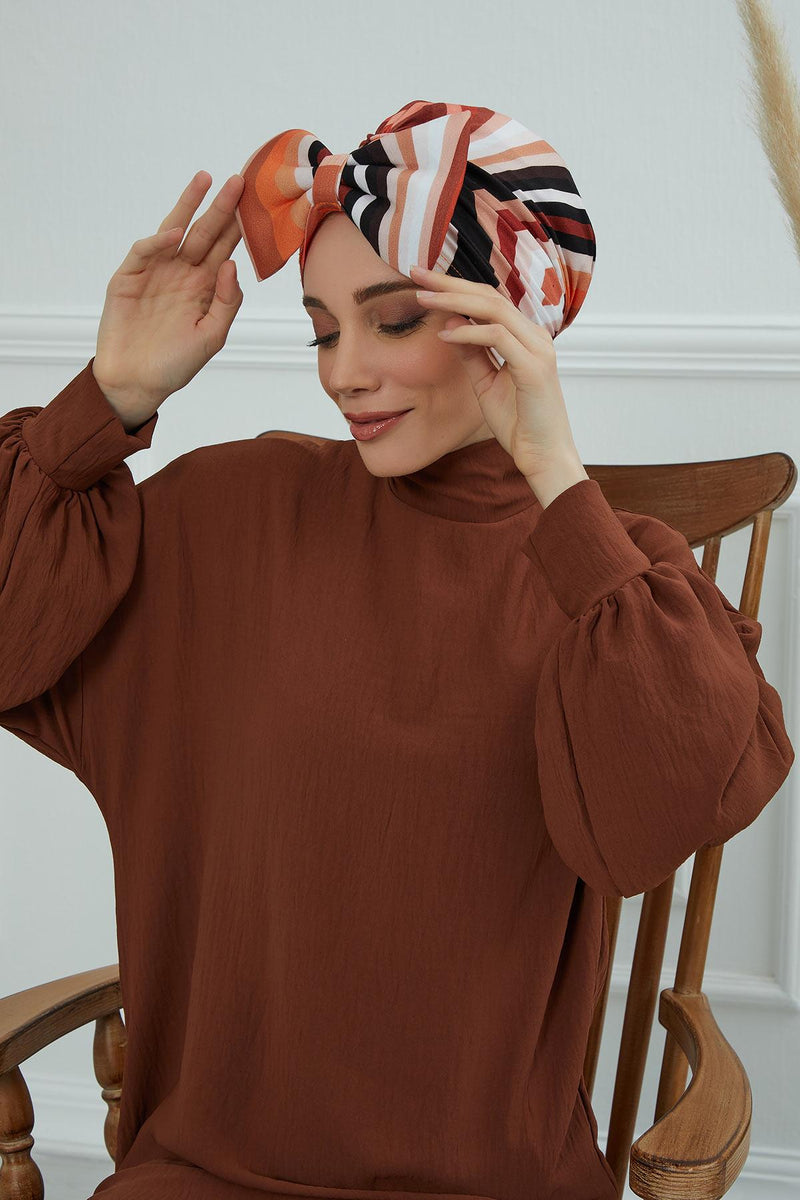 Combed Cotton Patterned Turban Bonnet with a Big Bow, Elegant and Comfortable Pre-Tied Instant Turban Hair Cover for Women,B-11YD