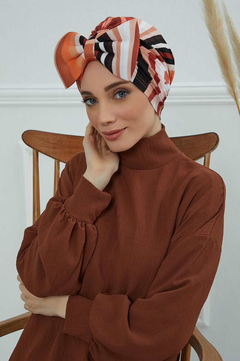 Combed Cotton Patterned Turban Bonnet with a Big Bow, Elegant and Comfortable Pre-Tied Instant Turban Hair Cover for Women,B-11YD
