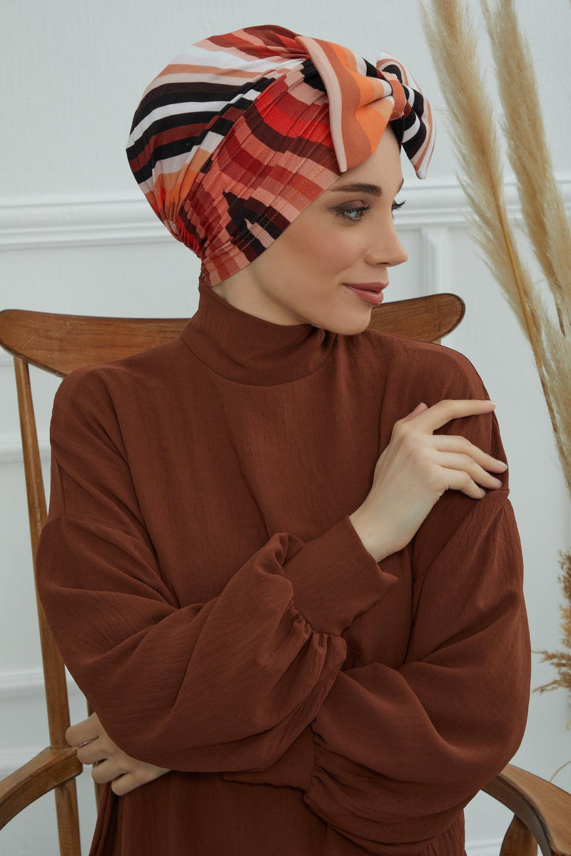 Combed Cotton Patterned Turban Bonnet with a Big Bow, Elegant and Comfortable Pre-Tied Instant Turban Hair Cover for Women,B-11YD