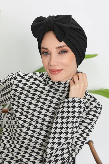 Comfortable Winter Turban Bonnet with Detachable Bowtie, One-Size Removable Bow Turban for Cold Weather, Cozy Ribbed Instant Turban,B-27RB