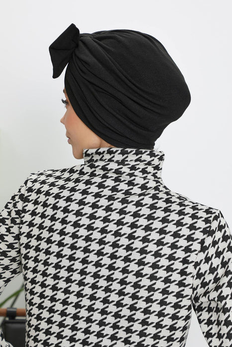 Comfortable Winter Turban Bonnet with Detachable Bowtie, One-Size Removable Bow Turban for Cold Weather, Cozy Ribbed Instant Turban,B-27RB