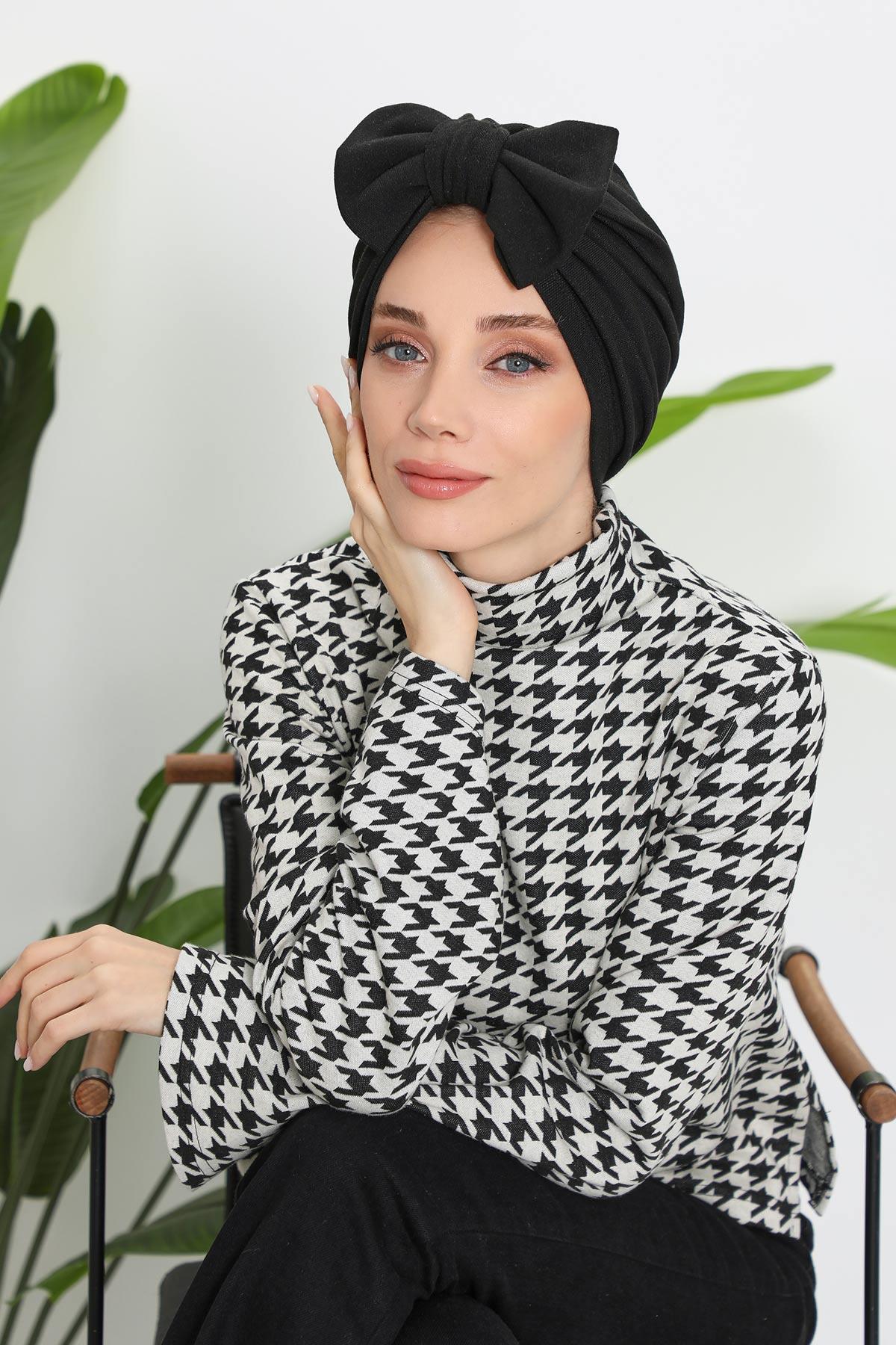 Comfortable Winter Turban Bonnet with Detachable Bowtie, One-Size Removable Bow Turban for Cold Weather, Cozy Ribbed Instant Turban,B-27RB Gray Melange