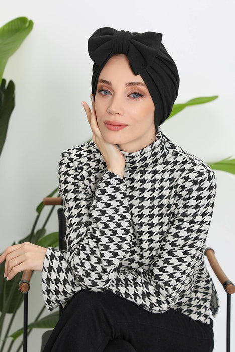 Comfortable Winter Turban Bonnet with Detachable Bowtie, One-Size Removable Bow Turban for Cold Weather, Cozy Ribbed Instant Turban,B-27RB