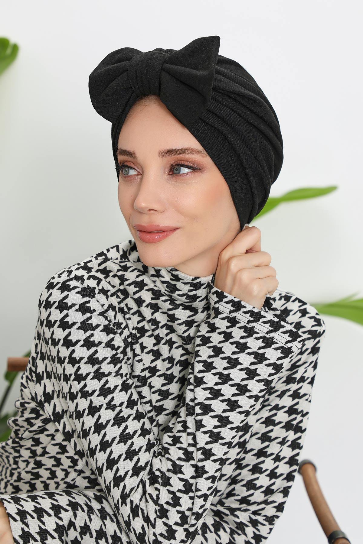 Comfortable Winter Turban Bonnet with Detachable Bowtie, One-Size Removable Bow Turban for Cold Weather, Cozy Ribbed Instant Turban,B-27RB Gray Melange