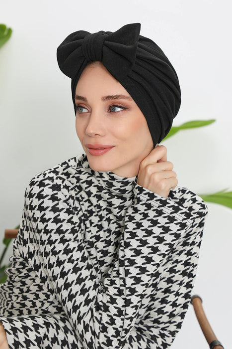 Comfortable Winter Turban Bonnet with Detachable Bowtie, One-Size Removable Bow Turban for Cold Weather, Cozy Ribbed Instant Turban,B-27RB