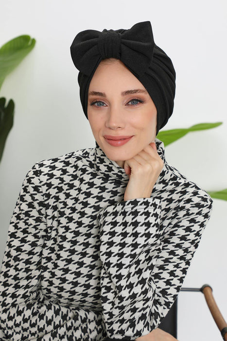Comfortable Winter Turban Bonnet with Detachable Bowtie, One-Size Removable Bow Turban for Cold Weather, Cozy Ribbed Instant Turban,B-27RB