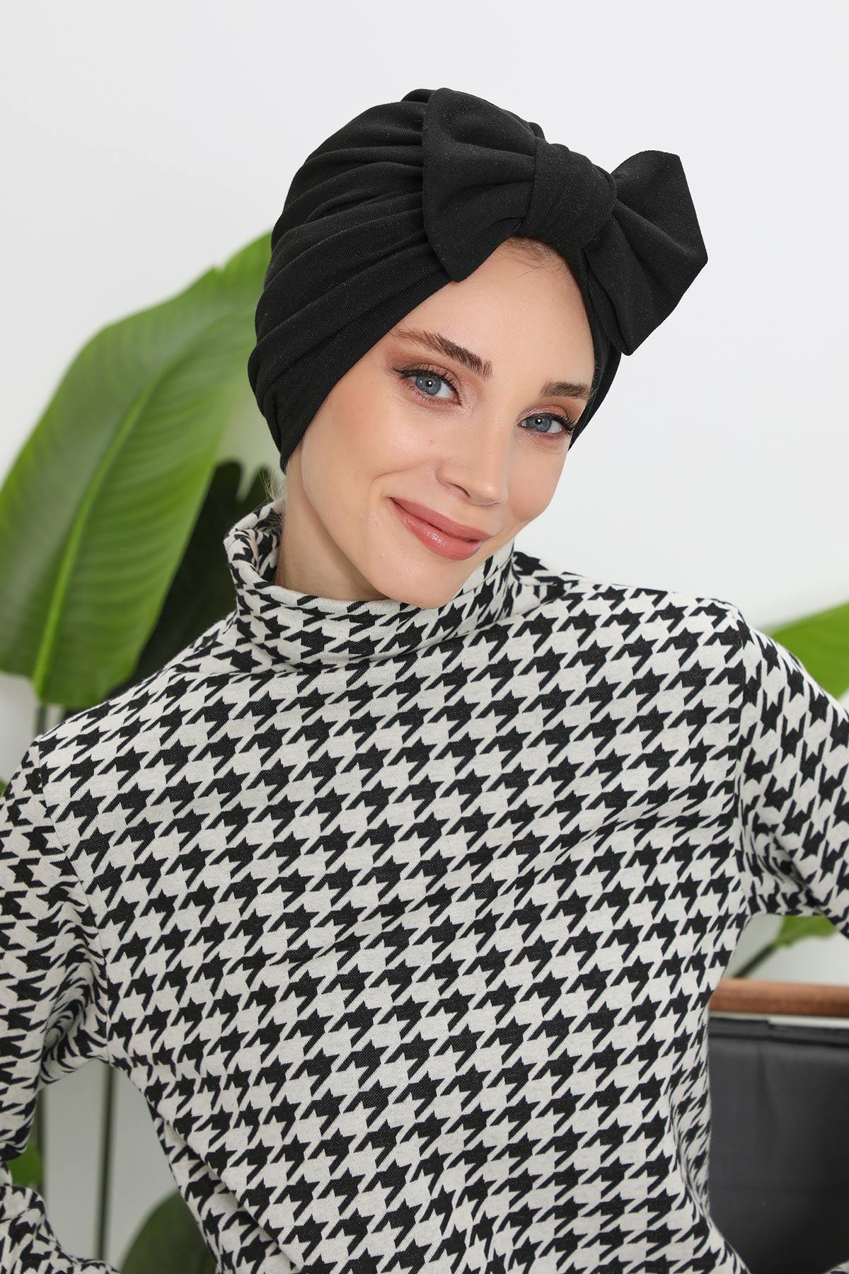 Comfortable Winter Turban Bonnet with Detachable Bowtie, One-Size Removable Bow Turban for Cold Weather, Cozy Ribbed Instant Turban,B-27RB Gray Melange