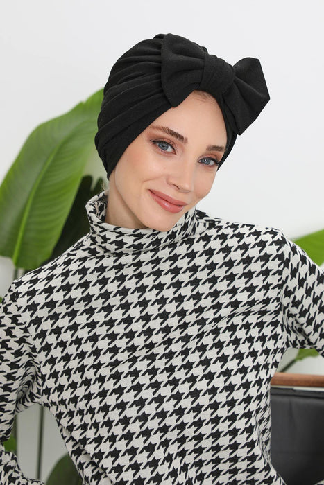 Comfortable Winter Turban Bonnet with Detachable Bowtie, One-Size Removable Bow Turban for Cold Weather, Cozy Ribbed Instant Turban,B-27RB