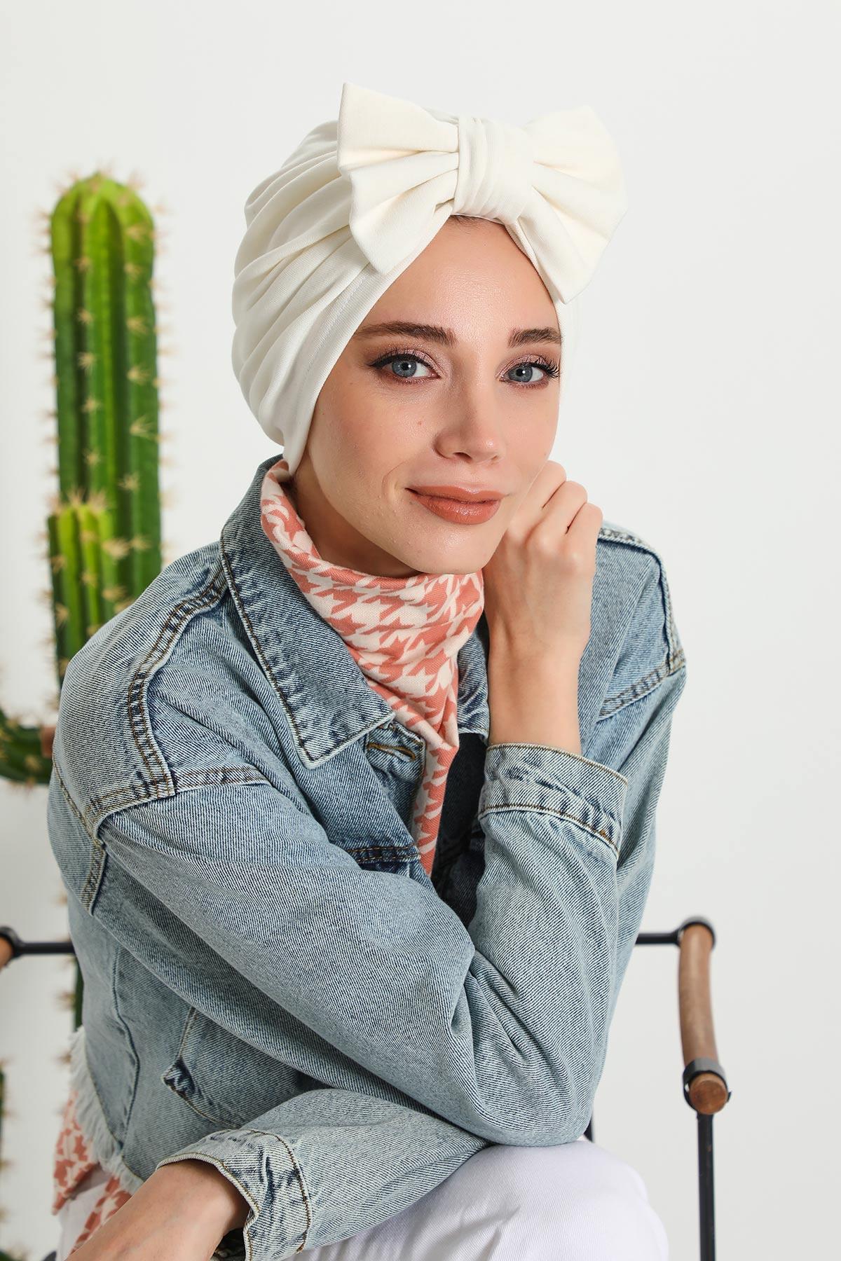 Comfortable Winter Turban Bonnet with Detachable Bowtie, One-Size Removable Bow Turban for Cold Weather, Cozy Ribbed Instant Turban,B-27RB Gray Melange