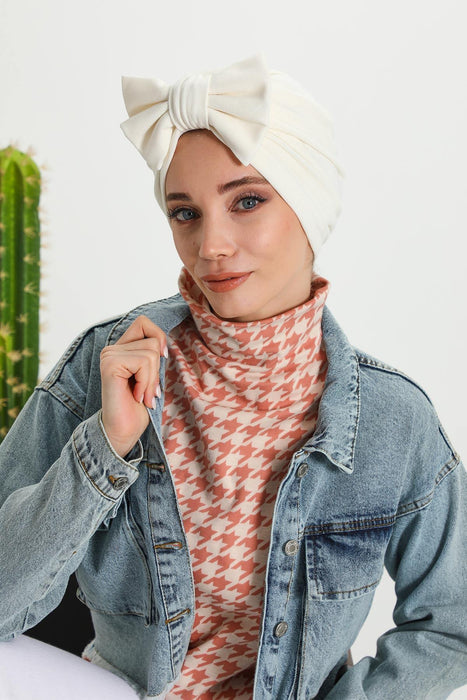 Comfortable Winter Turban Bonnet with Detachable Bowtie, One-Size Removable Bow Turban for Cold Weather, Cozy Ribbed Instant Turban,B-27RB